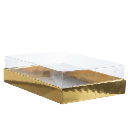 "קופסת קרטון זהב- מכסה PVC רוחב 45 ס""מ אורך 31 ס""מ גובה 11.5 ס""מ (מכסה נפרד) של חברת דקל בע""מ"