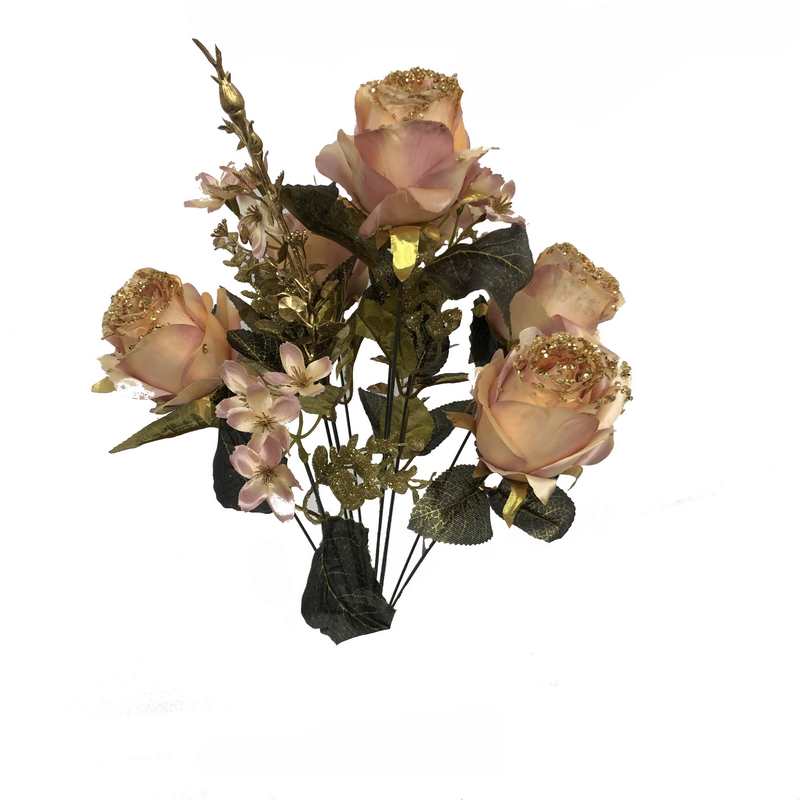 זר ורד ורד פתוח ורוד/זהב גליטר 11X של חברת דקל
