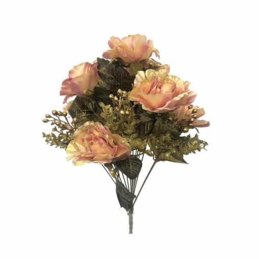 זר ורד פתוח אפרסק+תוספות זהב גליטר 13 ענפים של חברת דקל בע"מ