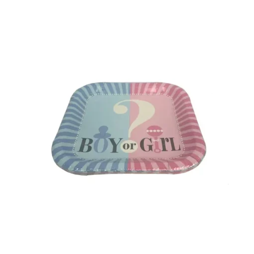 חבילת 8 צלחות נייר מרובעות קטנות- BOY OR GIRL של חברת דקל בע"מ