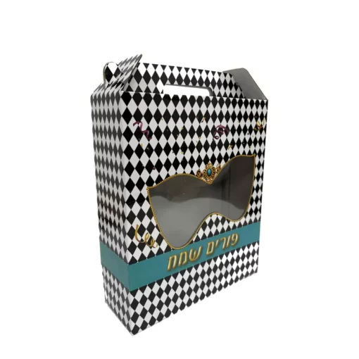 קופסת קרטון לפורים+ חלון - מסיכות שחור- מארז 12 יחי' של חברת דקל בע"מ
