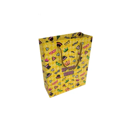 שקית נייר פורים שמח-סמלים צהוב- מארז 12 יחי' של חברת דקל בע"מ