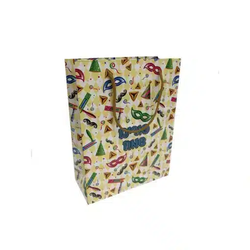 שקית נייר פורים שמח-סמלים קרם- מארז 12 יחי' של חברת דקל בע"מ