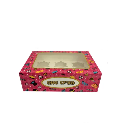 קופסא ל6 קאפקייקס פורים שמח-סמלים ורוד פוקסיה מארז 12 יחי' של חברת דקל בע"מ