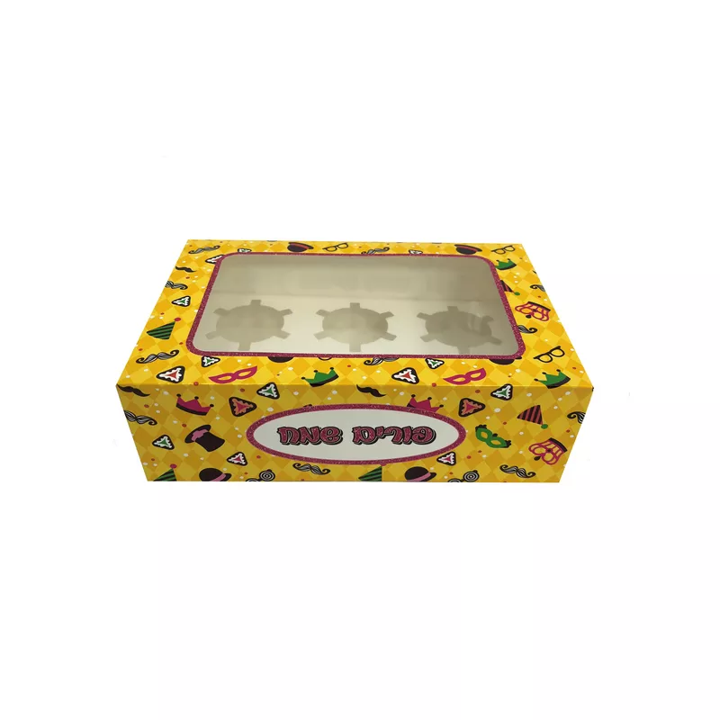 קופסא ל6 קאפקייקס פורים שמח-סמלים צהוב מארז 12 יחי' של חברת דקל בע"מ