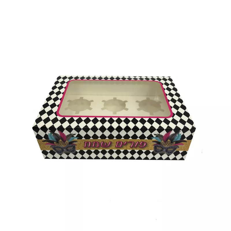 קופסא ל6 קאפקייקס פורים שמח-מסכות שחור מארז 12 יחי' של חברת דקל בע"מ