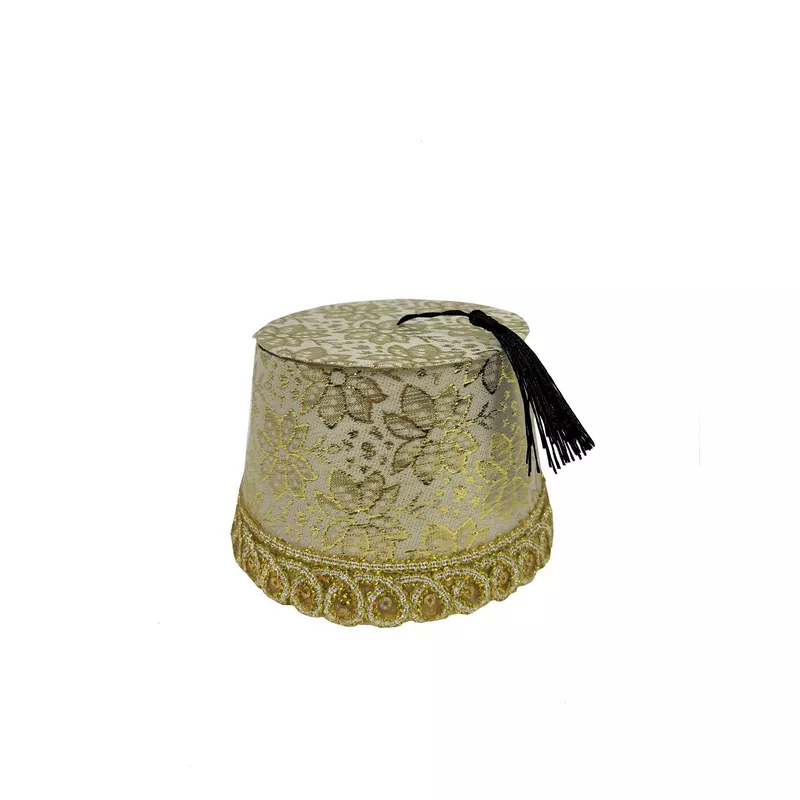 קופסא בצורת כובע תרבוש קוטר 14.5 ס"מ- זהב עם עיטורים בסגנון מרוקו של חברת דקל בע"מ