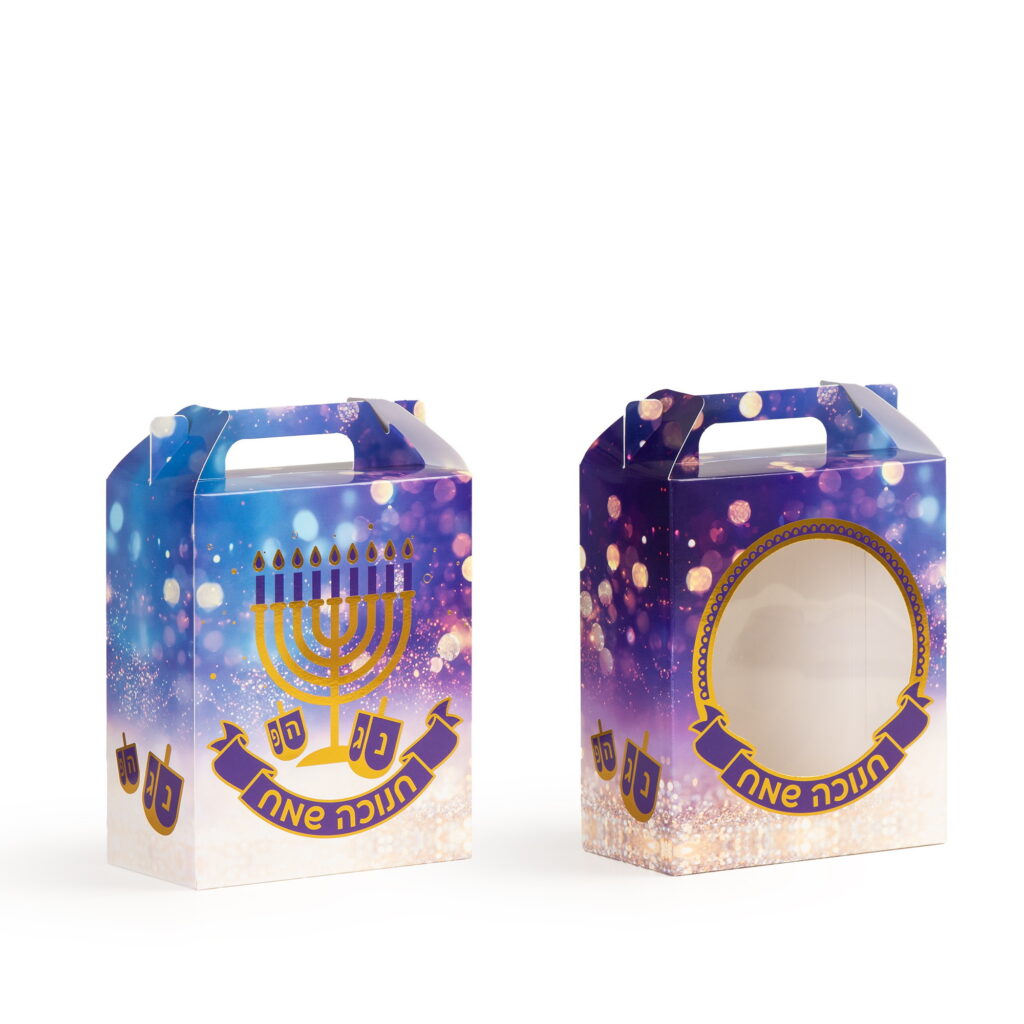 12 קופסאות קרטון + חלון- 18/15/8 ס"מ -חנוכה שמח כחול/זהב של דקל בע"מ