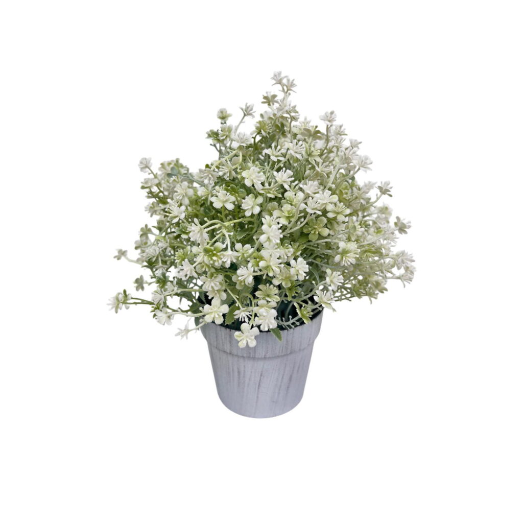 שיח פלסטיק פירחוני לבן בעציץ פלסטיק ג.23 ס"מ של דקל בע"מ