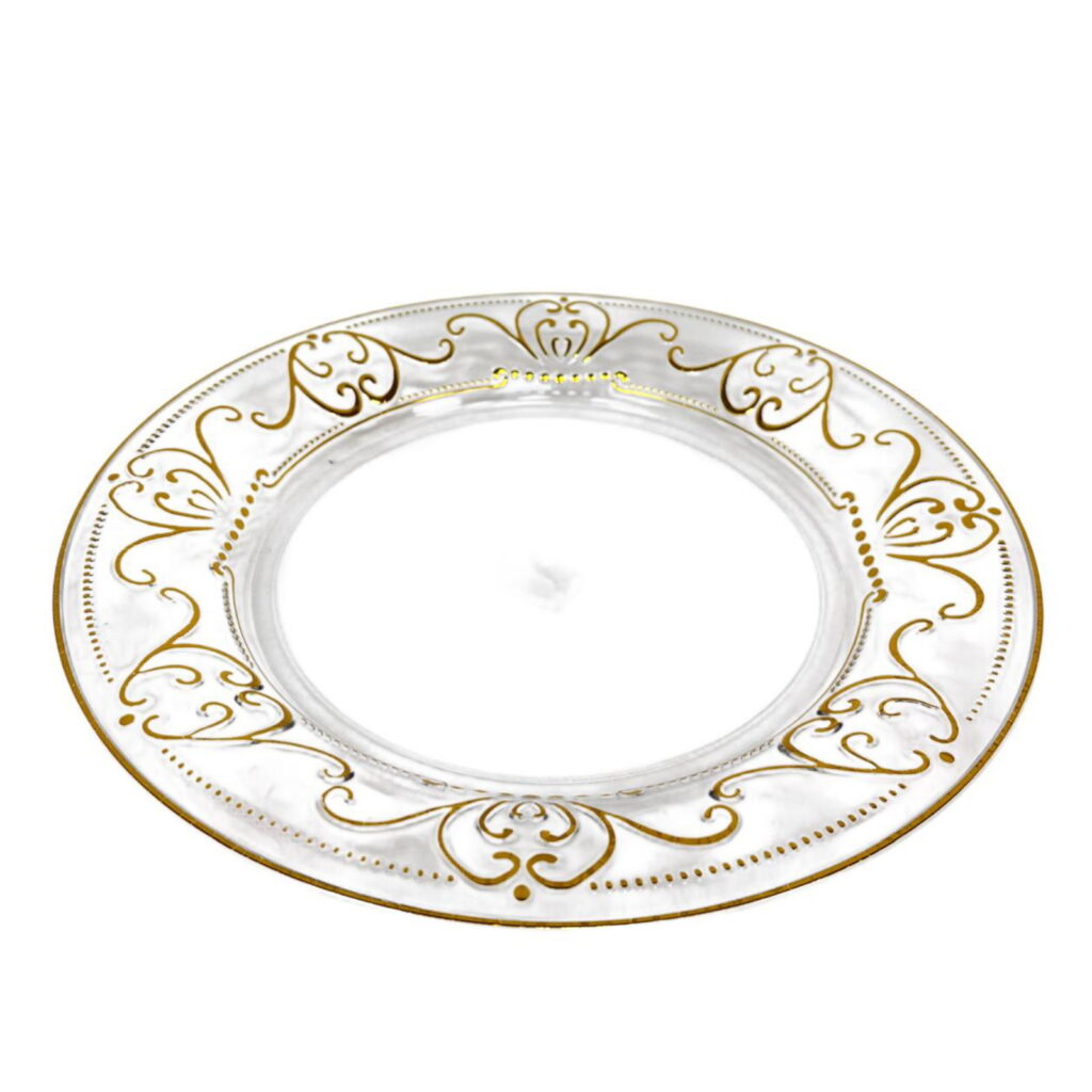 מגש פלסטיק עגול שקוף עיטורים זהב ק.32.5 ס"מ ג.3 ס"מ של דקל בע"מ