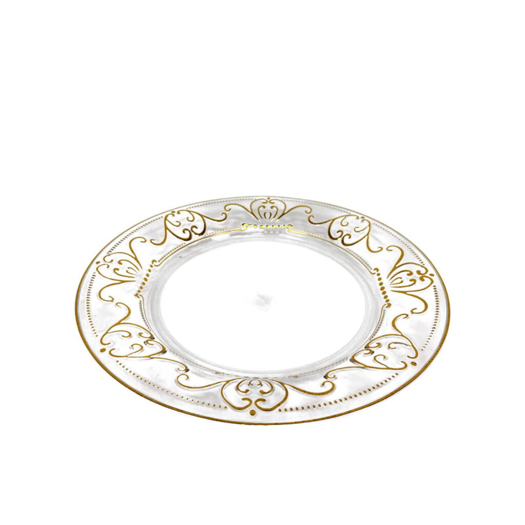 מגש פלסטיק עגול שקוף עיטורים זהב ק.28 ס"מ ג.3 ס"מ של דקל בע"מ