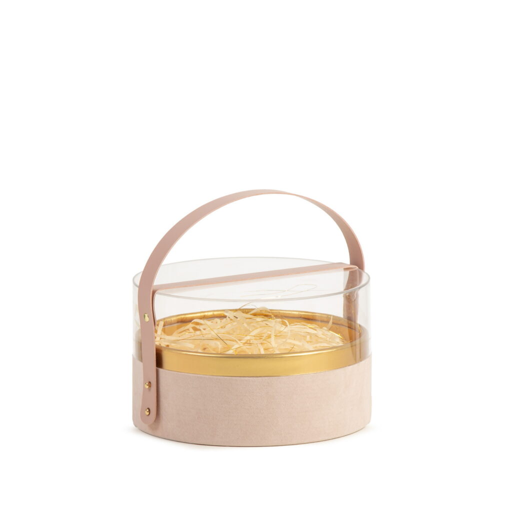 קופסת קרטון עגולה מכסה אקרילי ק.21 ג.13.5 ס"מ-ורוד של דקל בעמ