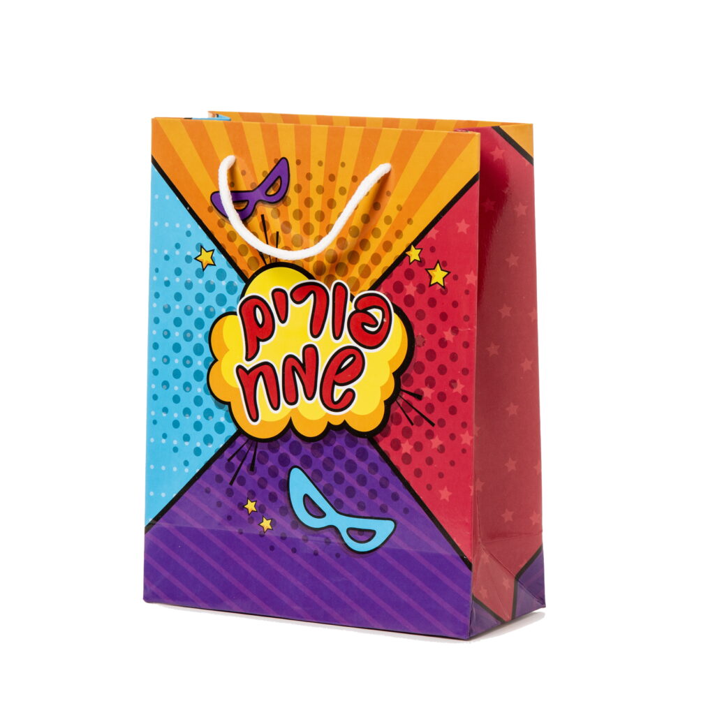 שקית נייר 30/23/10 ס"מ-פורים שמח-דגם קומיקס של דקל בע"מ