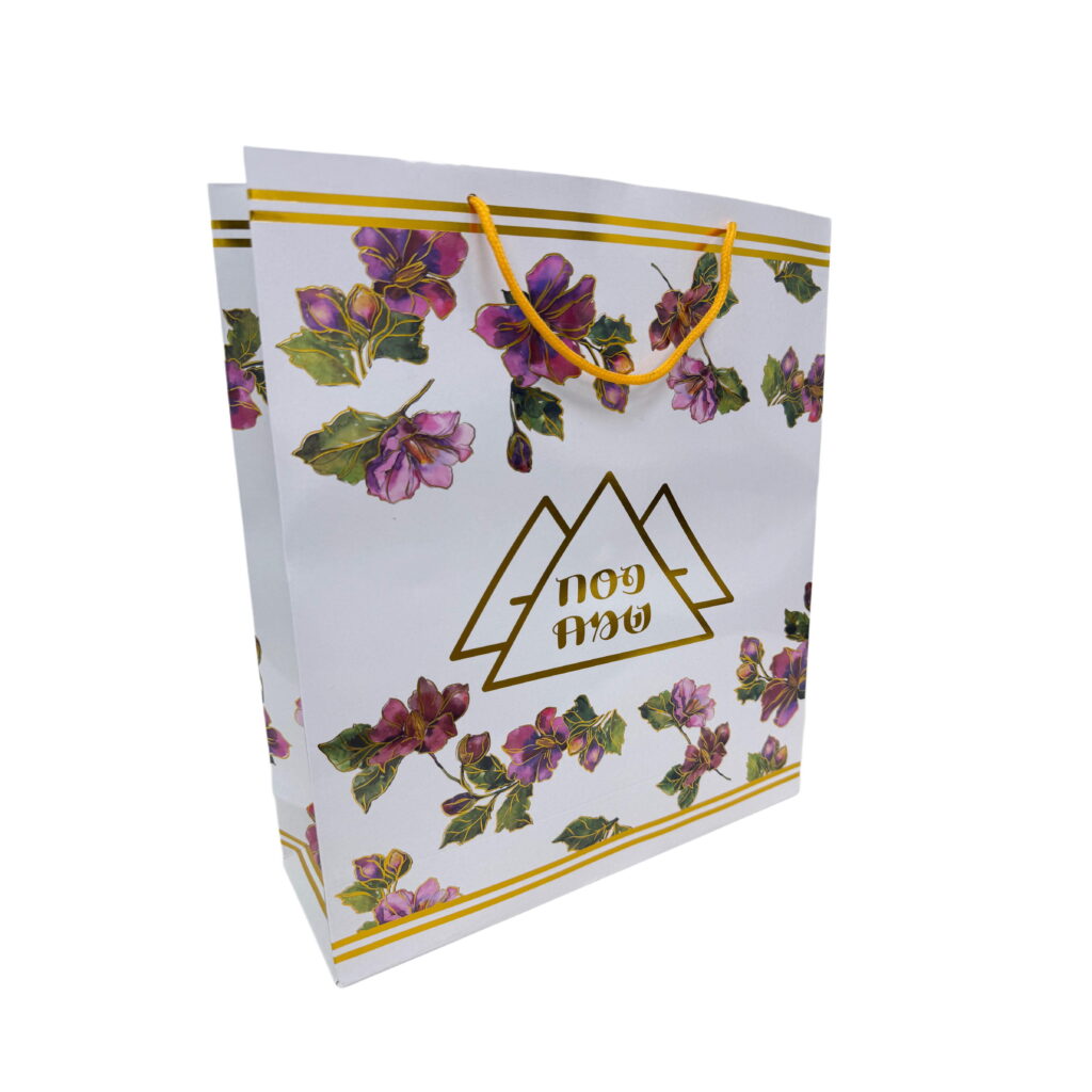 שקית נייר 38.5/31.5/11 ס"מ-פסח פרמידות פרחוני -זהב מיטאלי של דקל בע"מ
