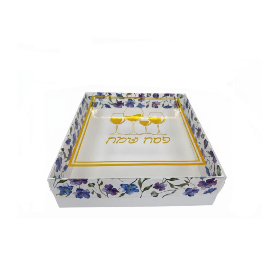 קפ' קרטון לבן מכסה פי וי סי 16/16/8 ס"מ-פסח ארבע כוסות פרחוני זהב מיטאלי של דקל בע"מ