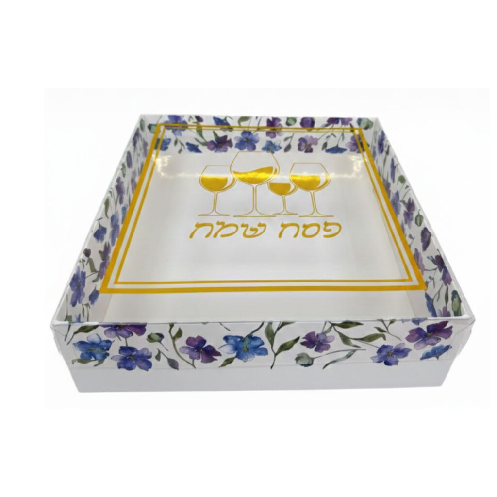 קופסאות קרטון 28/28/8 ס"מ+ מכסה PVC-פסח ארבע כוסות פרחוני זהב של דקל בעמ
