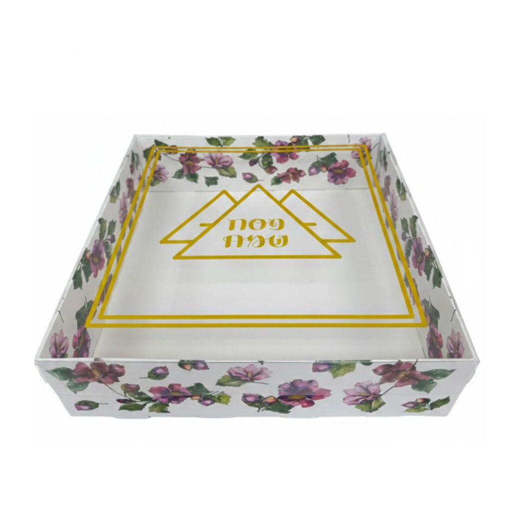 קופסאות קרטון 28/28/8 ס"מ+ מכסה PVC-פסח פירמידות פרחוני זהב של דקל בעמ