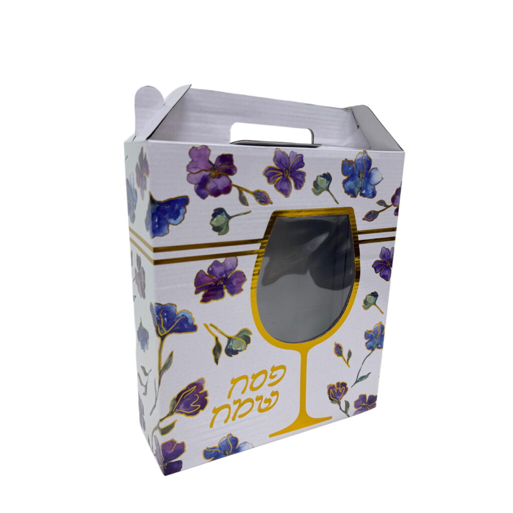 קפ' קרטון+חלון 25/30/9 ס"מ -פסח ארבע כוסות פרחוני -זהב מיטאלי של דקל בע"מ