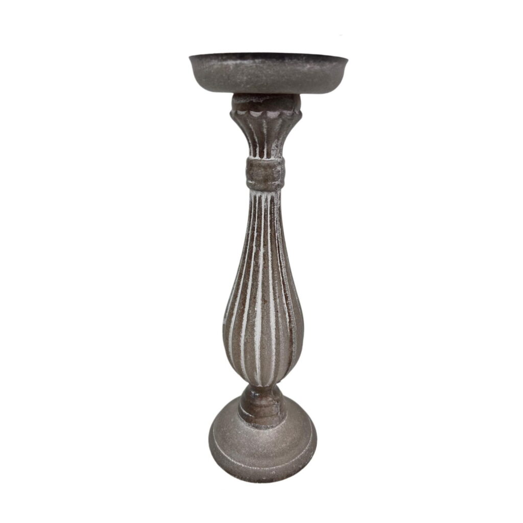 Tall decorative metal candlestick with a wide, shallow dish at the top and a ribbed, tapered stem on a round base