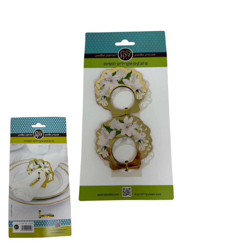 Collage of decorative packaging cards with teal polka-dot tops, green bands, and gold floral toppers set against white backgrounds.